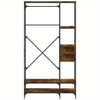 Multi-Tier Metal Clothes Rack with Smoked Oak Wood Shelves - Freestanding Storage Organizer for Bedroom, Bathroom, Wardrobe - Perfect for Hanging Clothes, Bags & Accessories, Clothes Organizer Storage