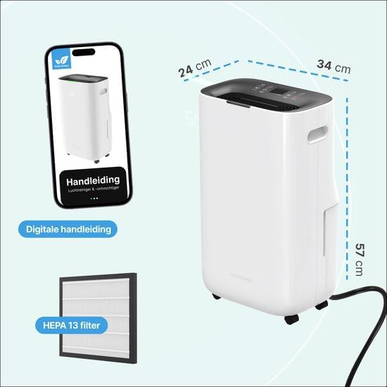 Luchtontvochtiger – Luchtreiniger – Vochtvreter – Ontvochtiger – Air Purifier – 20L per Dag – HEPA 13 Filter en Ionisator