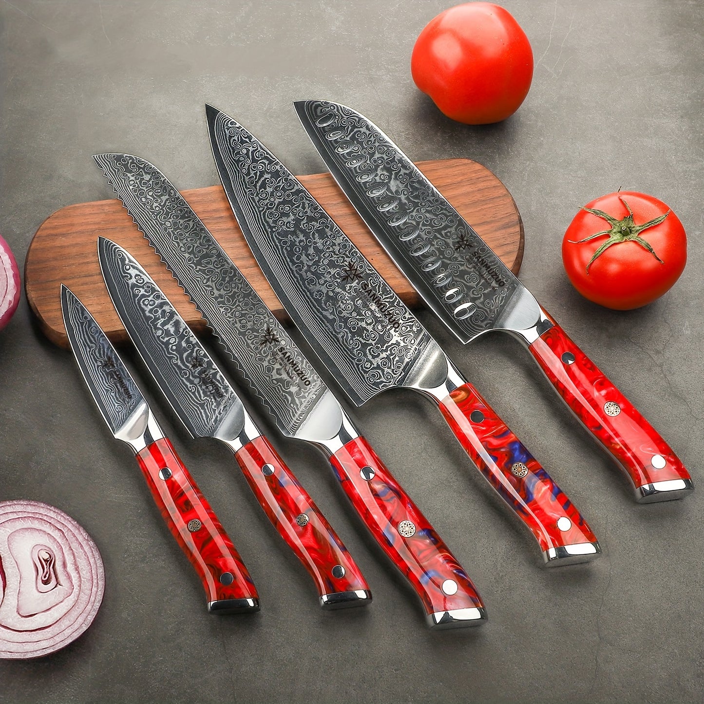 Damessmessenset – Keukenmessenset – Koksmes Set – Japanse Messen – Vleesmessen – 5-delig – VG-10 Damaststaal – Resin Handvat – Ultiem Scherp – Rood