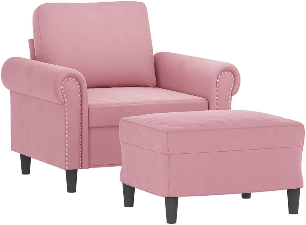 Fauteuil met kruk roze 60 cm fluwelen gestoffeerde stoel relaxstoel comfortabel ontspannen modern design duurzaam velours robuust frame veelzijdige voetenbank compact
