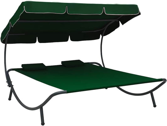 Zonnebad, ligbed voor buiten, met luifel en kussens, groen, relaxstoel, strandligstoel, relaxstoel voor tuin, terras, balkon, camping - QUORE