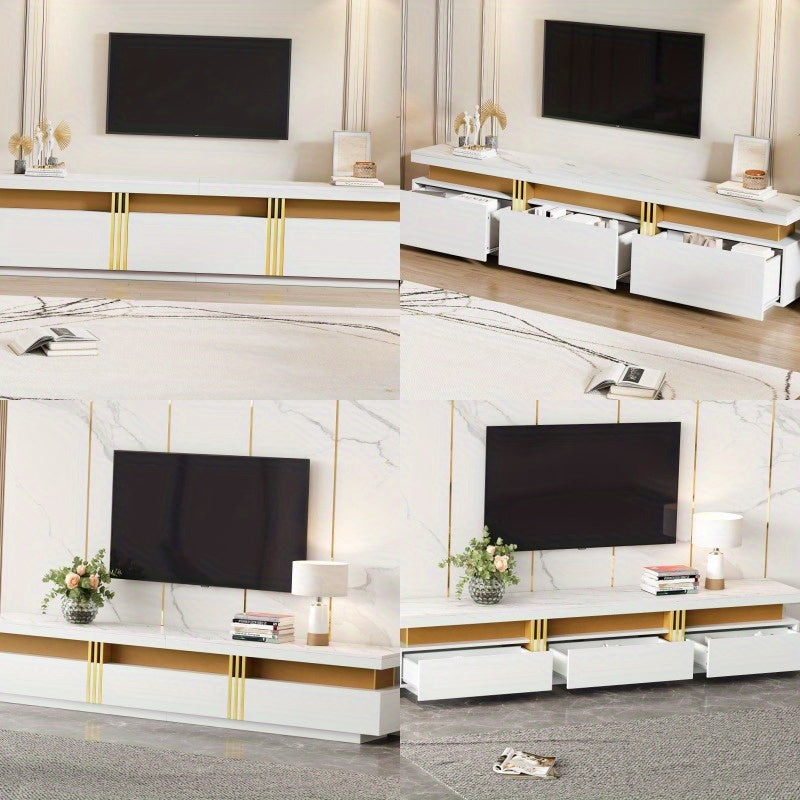 Modern TV-meubel – TV-meubel – Tv-kast – TV-standaard – Mediameubel – Marmerlook Design – Kabelmanagement – Geschikt voor 90 inch TV – 3 Ruime Lades – Duurzaam Niet-Houten Materiaal – Wit