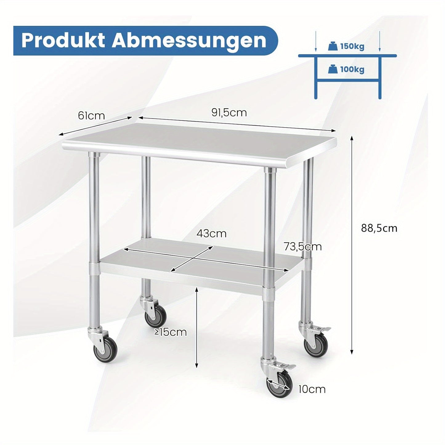 RVS Werkbank – Werktafel – Werkblad – Werkbank Met Wielen – RVS Tafel – Extra Groot 61x91cm – Verstelbaar Onderblad – Zwaar Belastingvermogen – Vergrendelbare Zwenkwielen