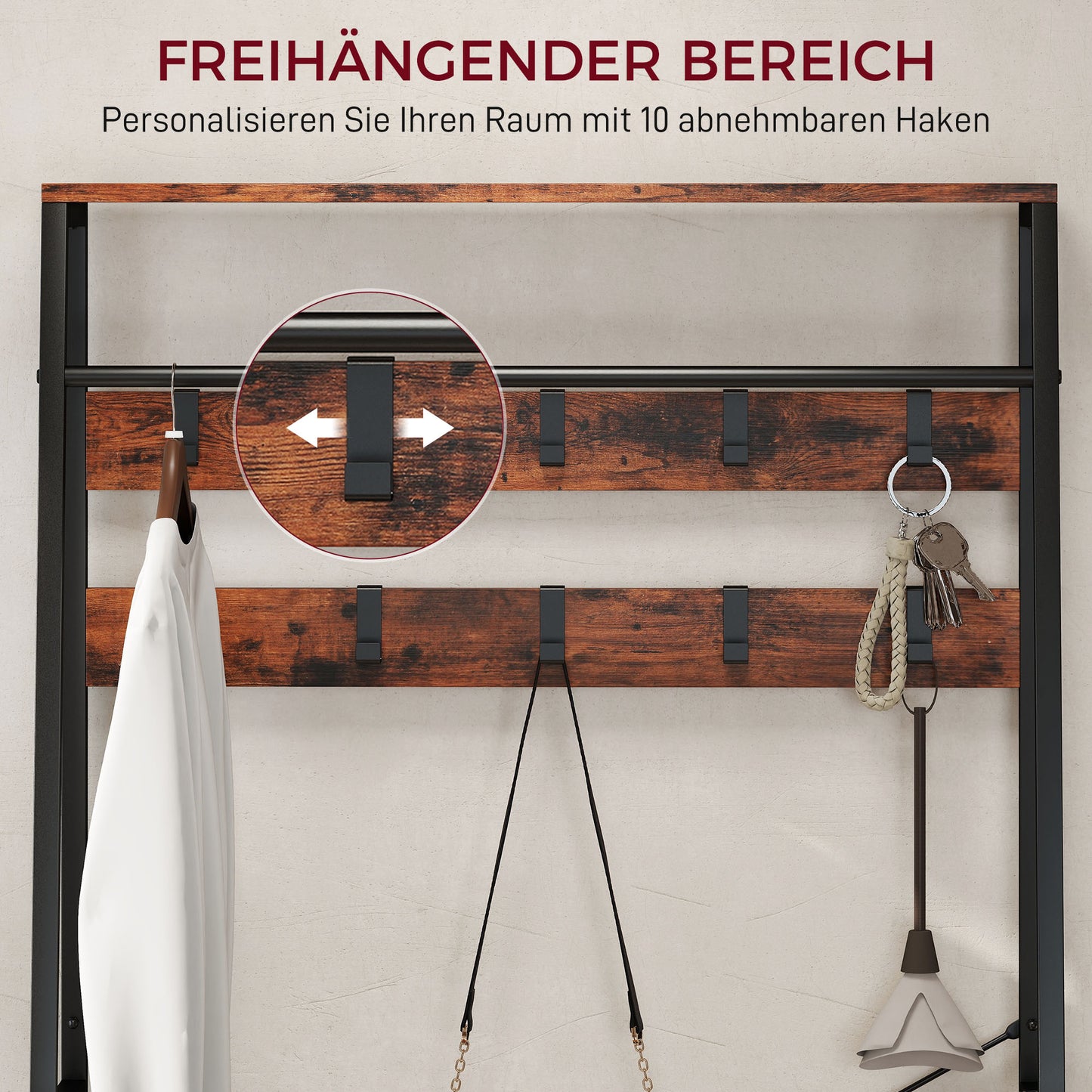 Kapstok – Kledingrek – Schoenenrek – Opbergmeubel – Halmeubel – Rustiek Bruin – 10 Metalen Haken – Comfortabel Zitbankje
