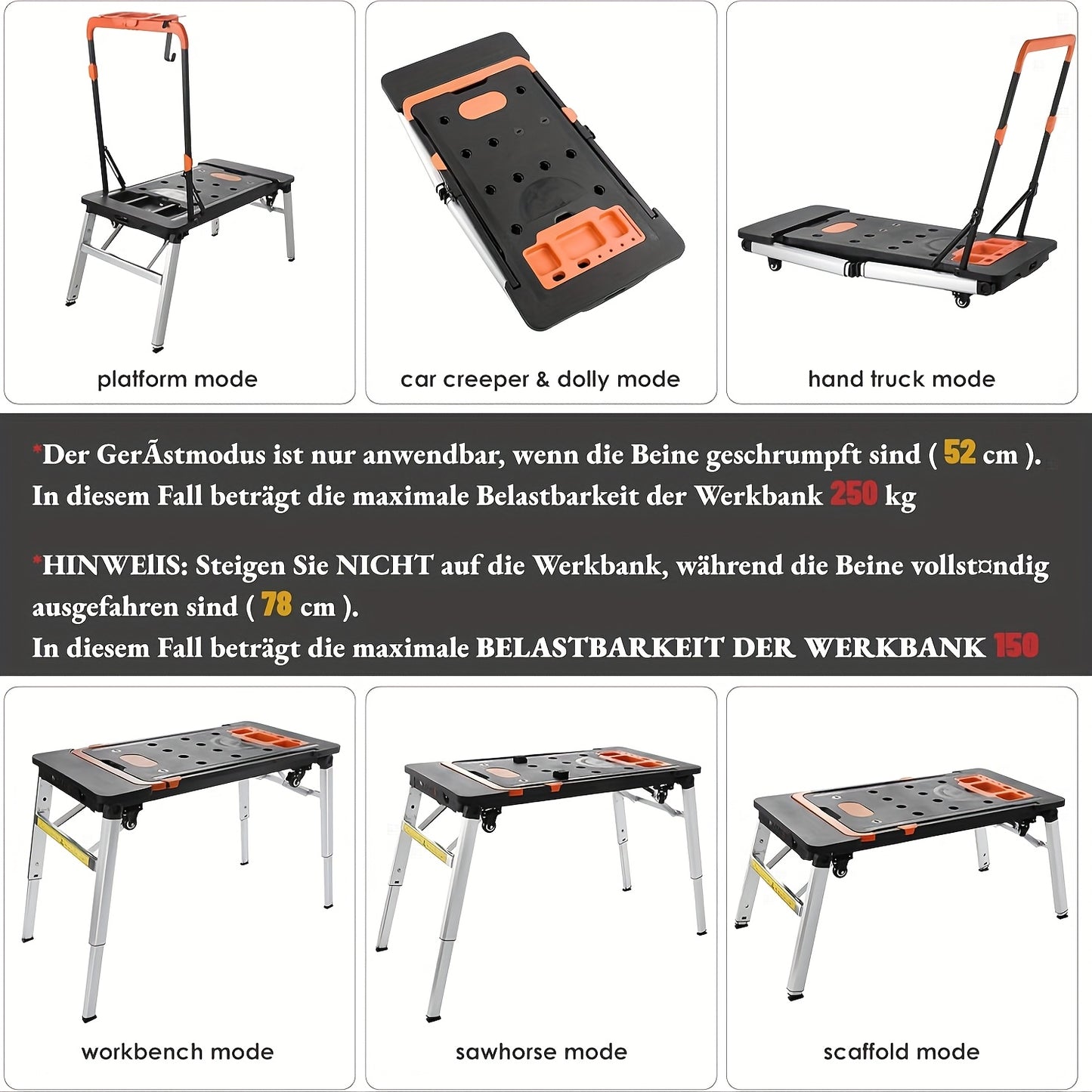 Klaptafel – Vouwtafel – Campingtafel – Werkbank – Inklapbare Tafel – Verstelbaar 52-80 cm – Aluminium & Kunststof – Zwart
