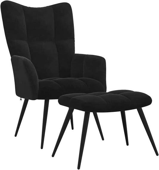 Relaxfauteuil – Fauteuil – Relaxstoel – Zwarte Verstelbare Stoel – Velvet Bekleding – Stalen Frame – Inclusief Voetenbankje – Comfortabele Foamvulling
