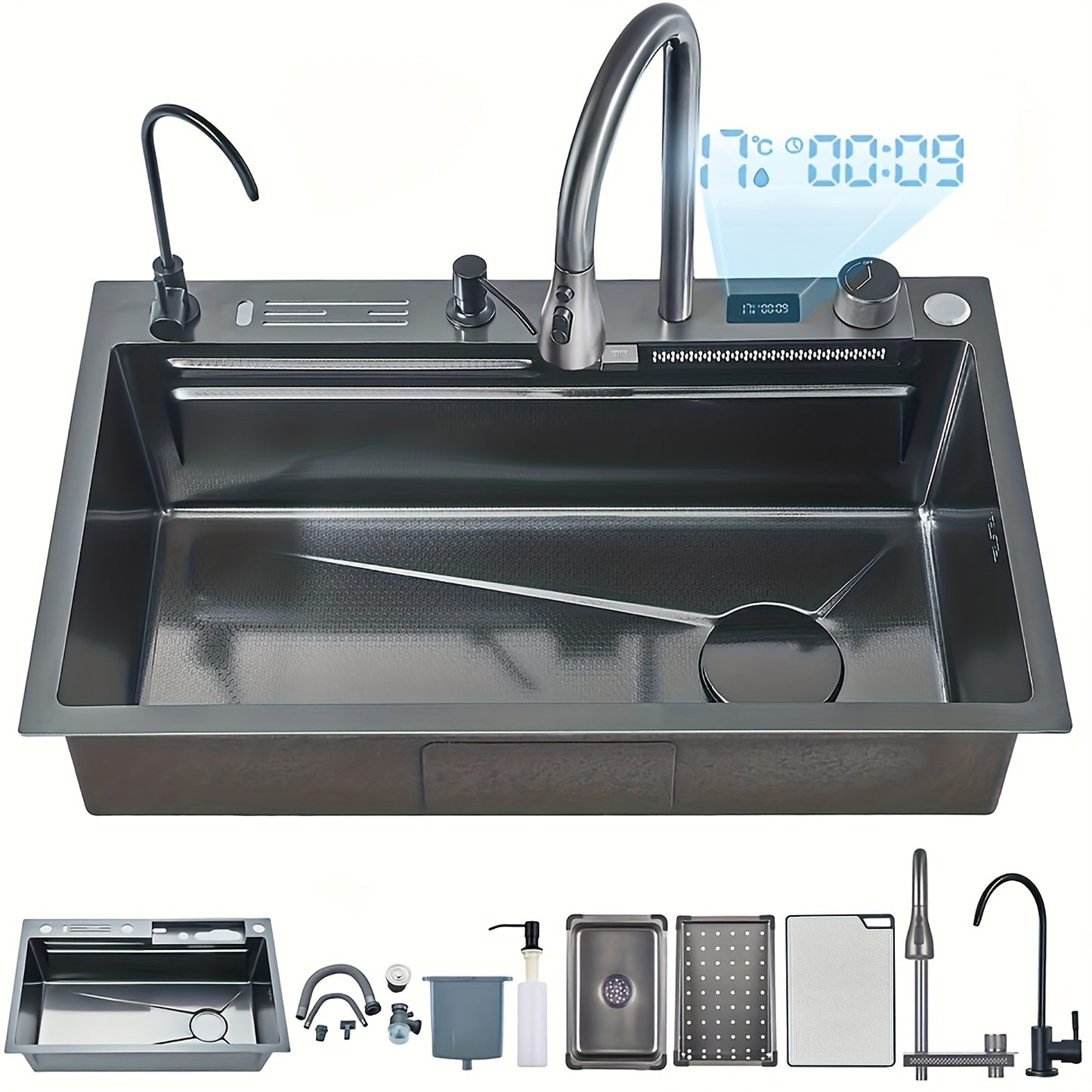 Keukenspoelbak – Spoelbak – Wasbak – Gootsteen – Enkele spoelbak – RVS – Watervalkraan Uittrekbaar – Met Display – 76,2x45,97x20,5 cm – Inclusief Accessoires Set