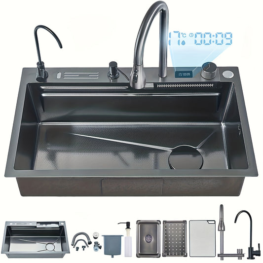 Keukenspoelbak – Spoelbak – Wasbak – Gootsteen – Enkele spoelbak – RVS – Watervalkraan Uittrekbaar – Met Display – 76,2x45,97x20,5 cm – Inclusief Accessoires Set