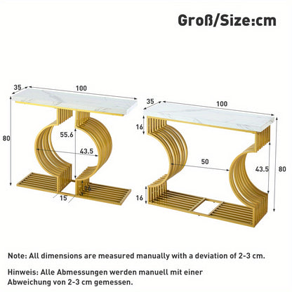 Entreetafel – Sidetable – Bijzettafel – Koffietafel – Speeltafel – Wit MDF – Gouden Onderstel – Compact Formaat 100x35x80 cm – Multifunctioneel Plaatsbaar