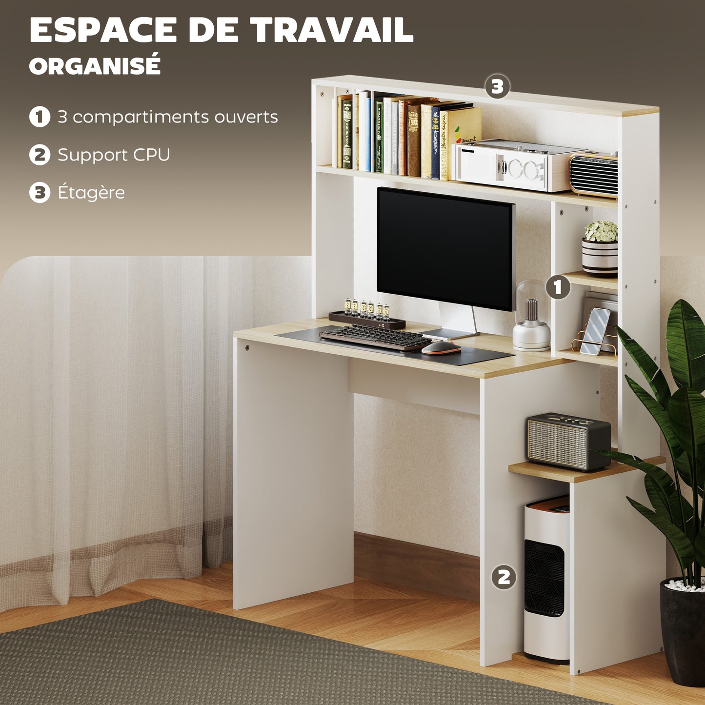 Bureau – Computertafel – Werkplekmeubel – Study Desk – Thuiswerkplek – Met Opbergruimte en CPU Houder – Grote Werkblad 113x45 cm – Eikenhoutkleur Melamine