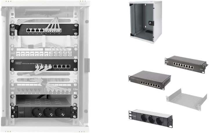 DIGITUS 10-inch set - netwerkkast 9 U SOHO serie grijs - plank - contactdoosstrip - 8-poorts patchpaneel - 8-poorts gigabit switch