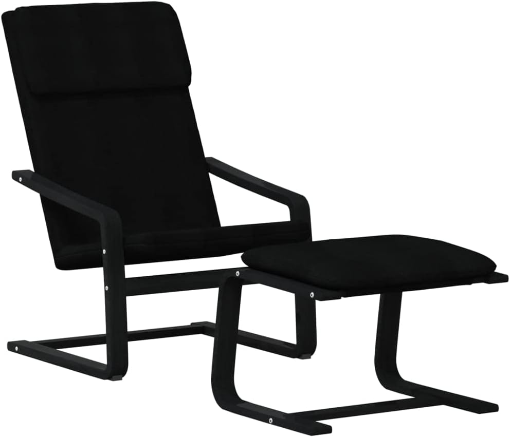 Relaxstoel – Poef – Tv-Stoel – Ligstoel – Enkele Stoel – Zwarte Ademend Stof – Massief Berkenhout Frame