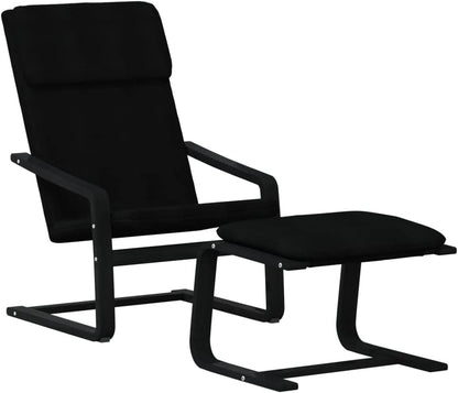 Relaxstoel – Poef – Tv-Stoel – Ligstoel – Enkele Stoel – Zwarte Ademend Stof – Massief Berkenhout Frame