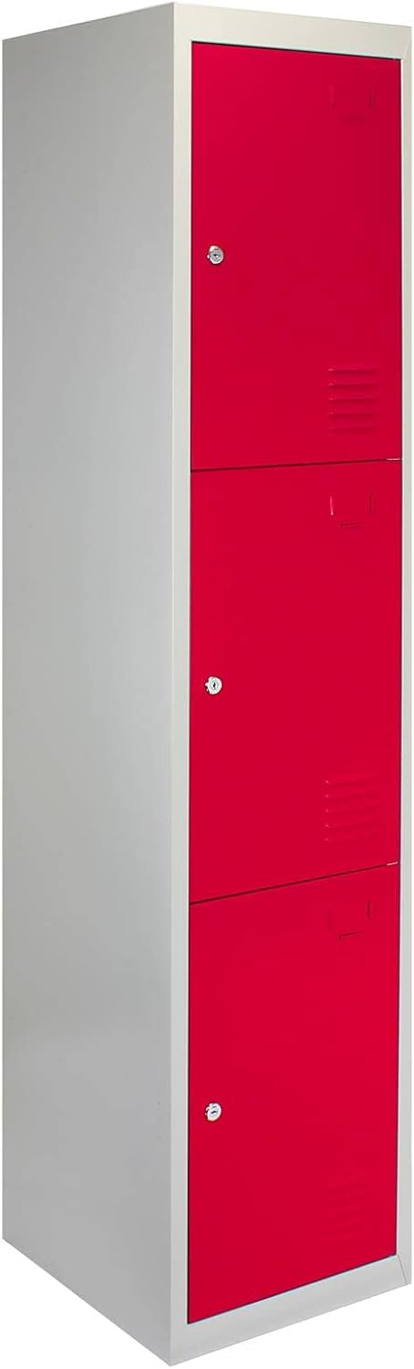 Monster Shop 3 x Red 3 Door Metal Storage Lockers, Blue & Grey Steel Lockable Unit, Gym Dressing Room School Staff Locker - QUORE