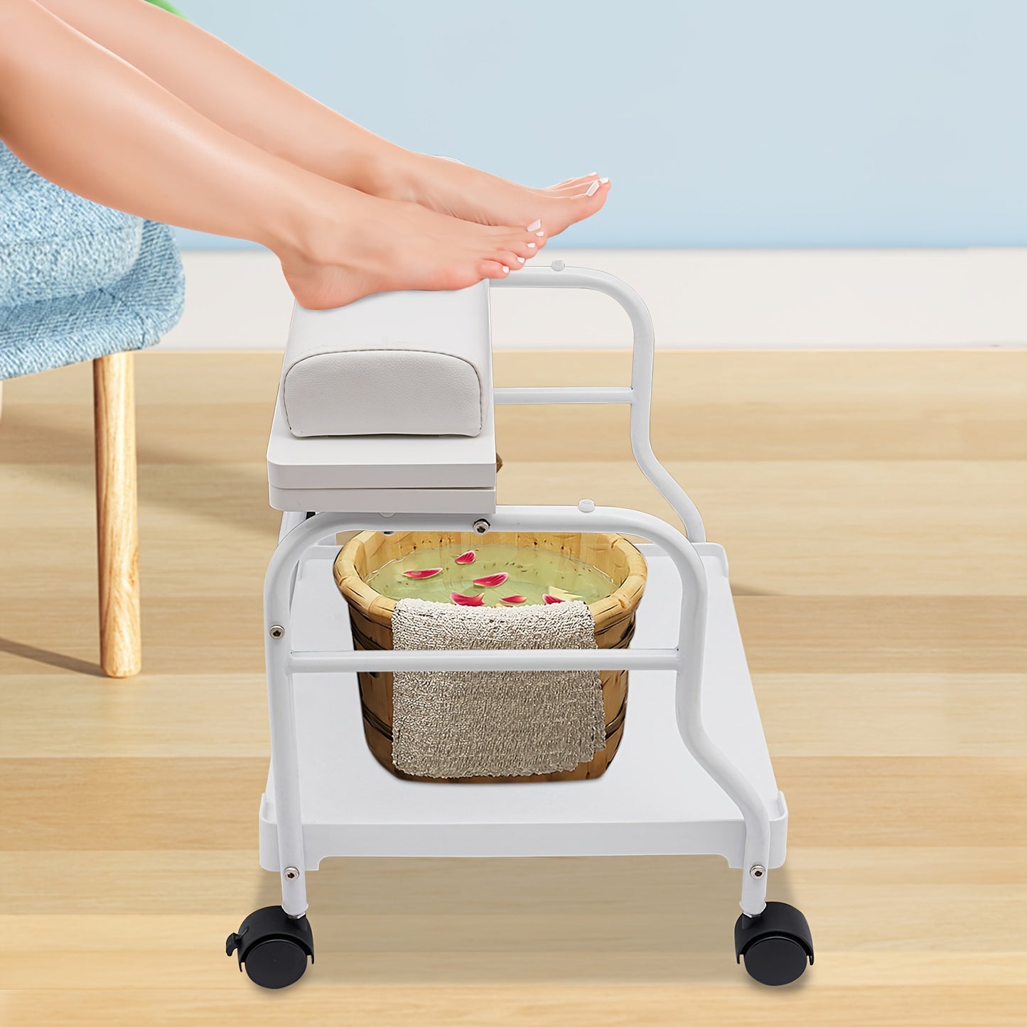 Voettrolley – Spa Trolley – Pedicure Kar – Massage Trolley – Schoonheidstrolley – Inklapbaar – Hoogwaardig Hout en IJzer – 4 Zwenkwieltjes Met Remmen – Draagkracht 18 kg – Wit
