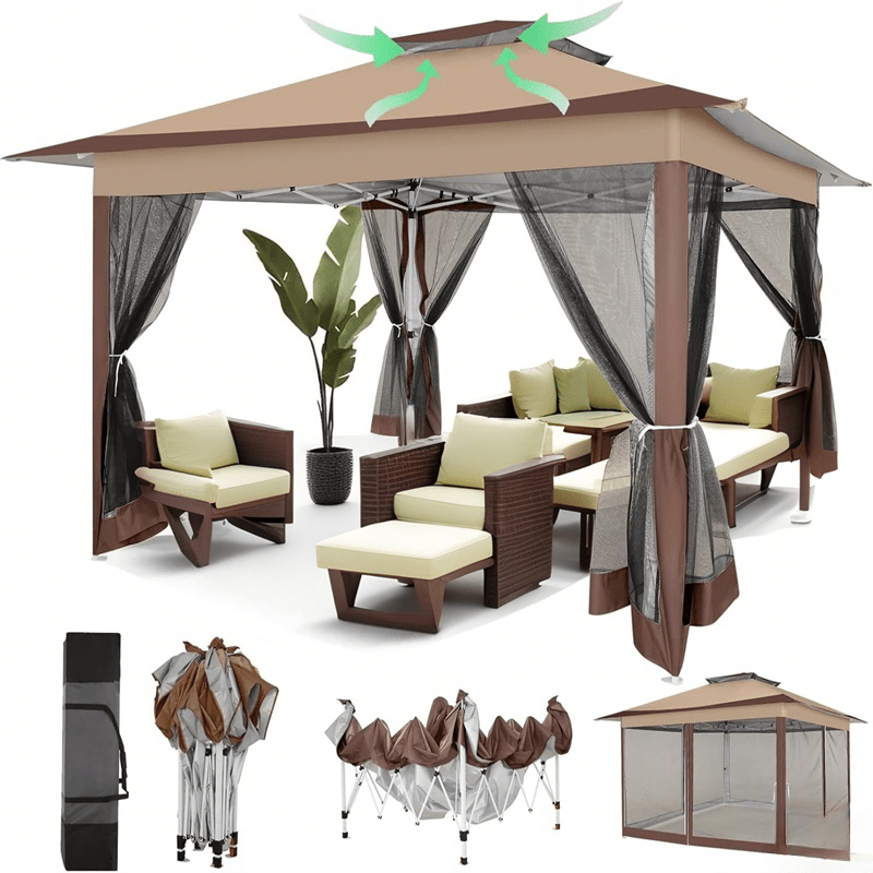 3.6x3.6/12x12ft Instant Pop-Up Tent UPF 50+, Portable Automatic Eaves Gazebo with Mosquito Net & Double Vent Roof - Easy Setup Outdoor Canopy Suitable for Beach, Camping, Patio, Garden (Carrying Bag Included)