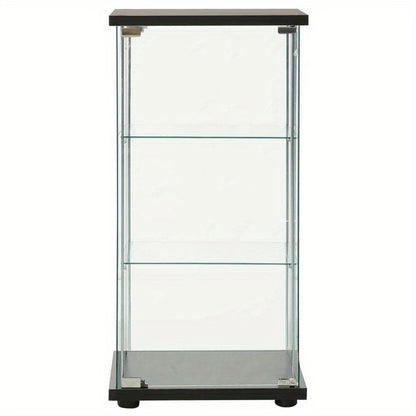Modern Black Display Cabinet with Tempered Glass Panels - 3 Spacious Shelves for Office, Library, or Showroom Storage, Office Wall Decor