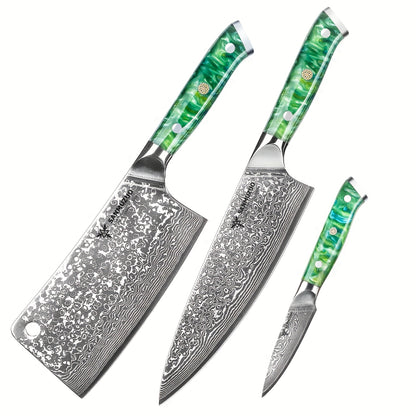 Keukenmes – Koksmes – Schilmes – Officemes – Keukenmessen Set – VG10 Damascus Staal – Groen Resin Handvat