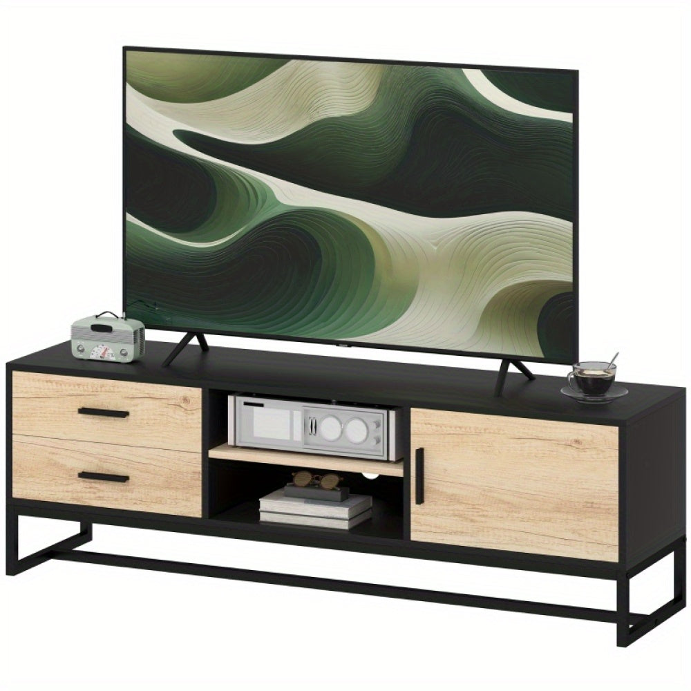 Modern TV Stand with Doors, 2 Drawers & Open Shelves - Heavy-Duty Metal Entertainment Center, Adjustable Shelves, Cable Management, Minimalist Living Room Furniture for Flat-Screen TVs - Sturdy Construction for Home Theater o