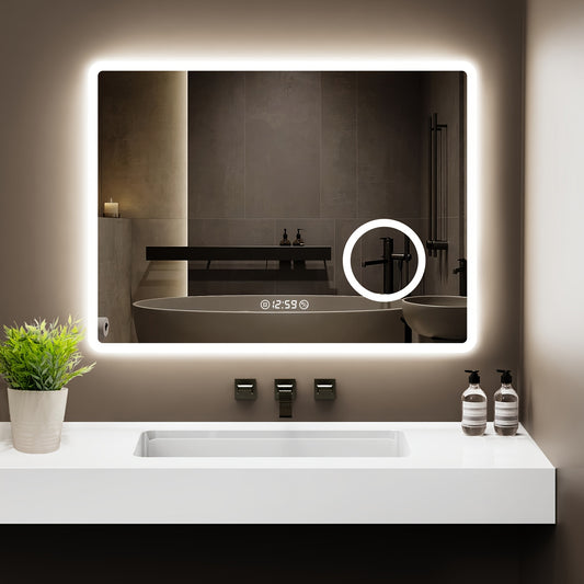 Badkamerspiegel – Wandspiegel – Verlichte Spiegel – LED Spiegel – Verlichte Badkamer Spiegel – 80x60 cm – 3 Kleuren LED – 3x Vergroting Met Klok