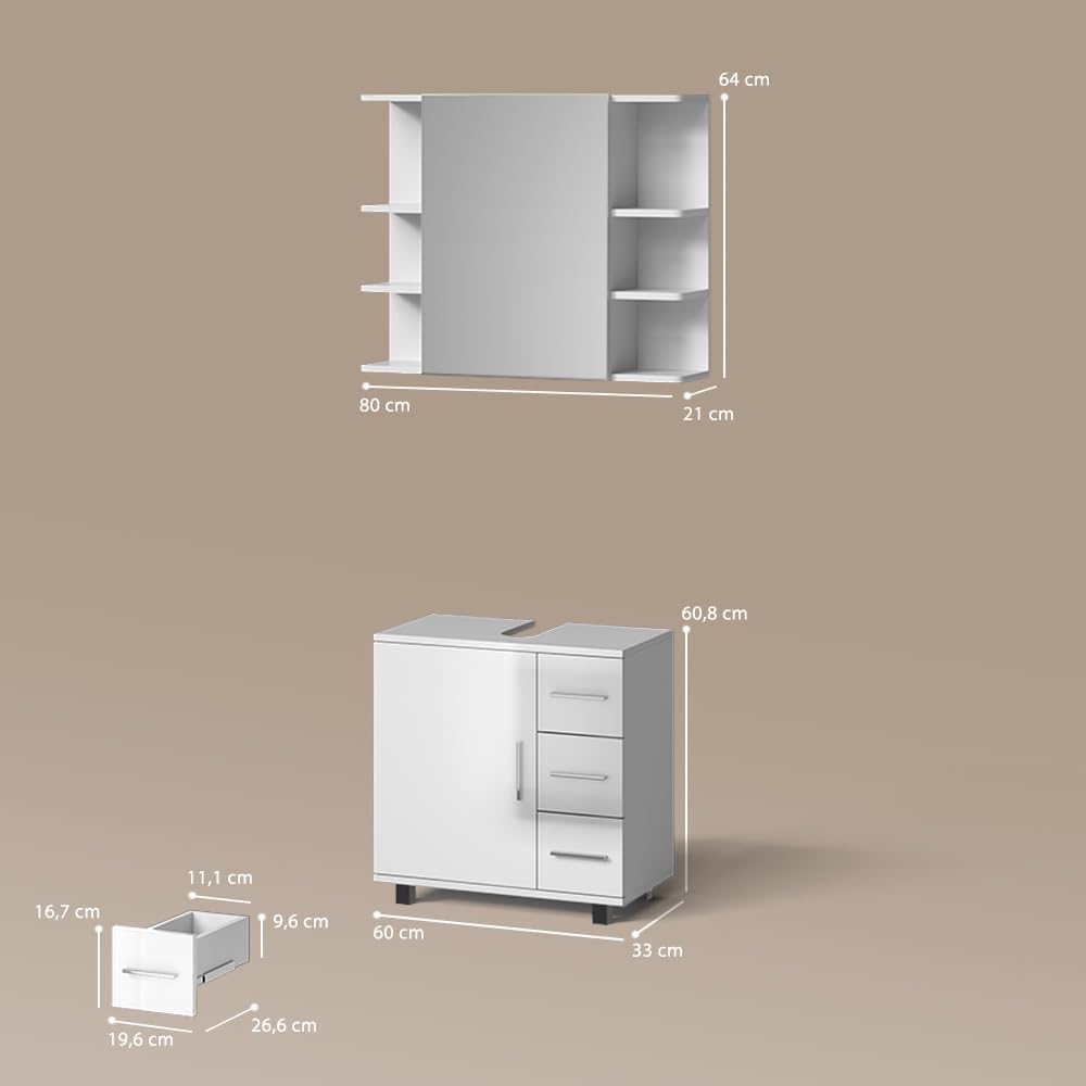 Livinity Badkamermeubel set "Eisak", Wit Hoogglans, 2 delen - QUORE