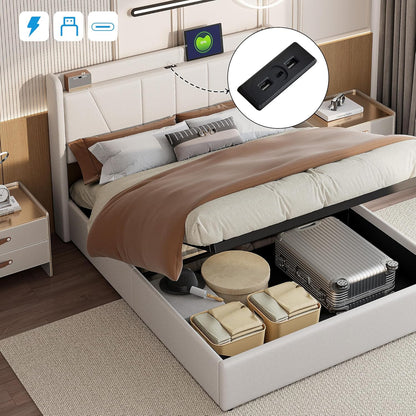 Tweepersoonsbed – Bed – Slaapbed – Opbergbed – Linnen Bed – 160x200 cm – Met Opbergruimte Onder Lattenbodem – Hoofdbord Met USB- en Type C-poorten