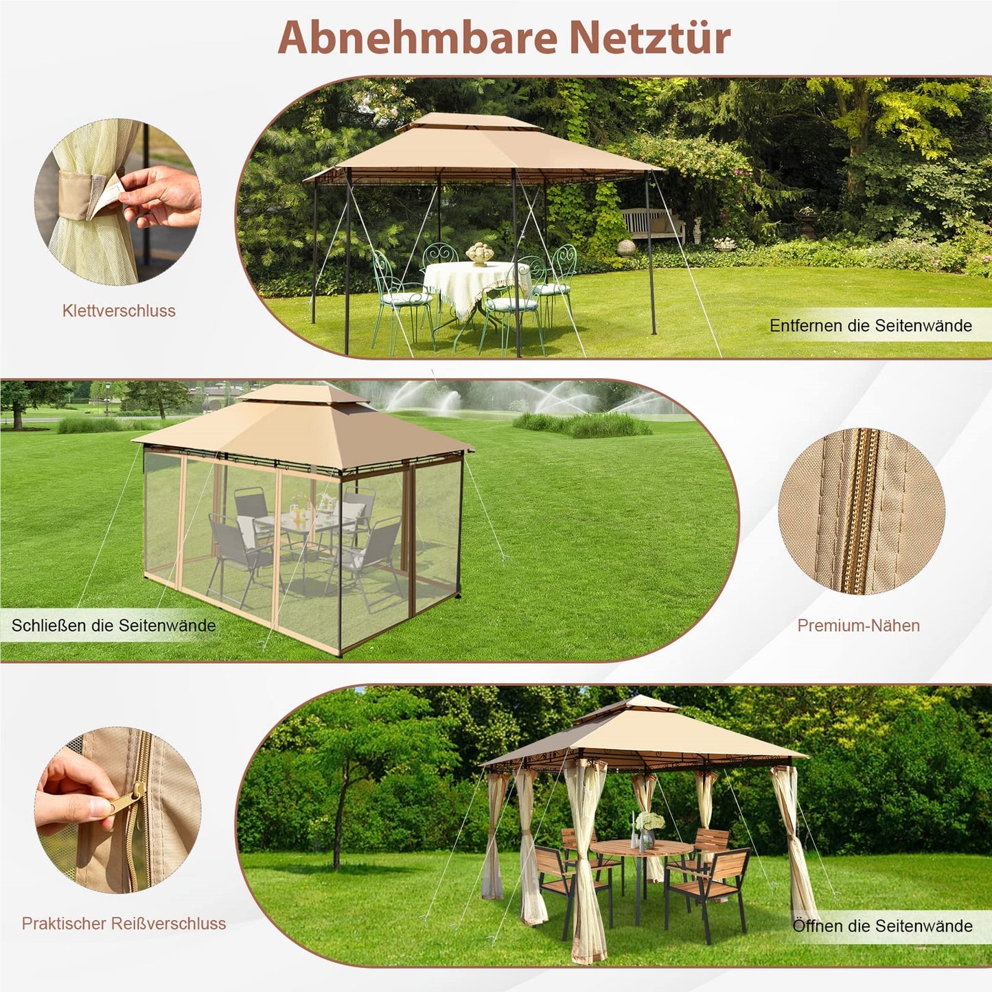 Metalen Tuinpaviljoen – Partytent – Prieel – Paviljoen – Tenten – Verwijderbare Zijwanden – Stevig Stalen Frame – 3 x 4 m Bruin