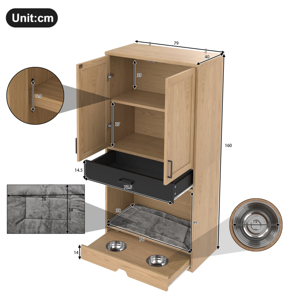 Sideboard – Multifunctionele Kast – Dressoir – Voederstation – Hondenkast – Eikenlook – Hoogte 160 cm – Inclusief Voederstation En Comfortabele Hondenmand
