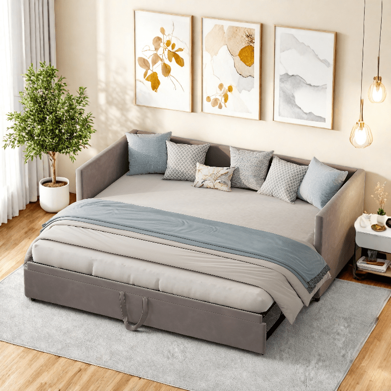Bedbank – Slaapbank – Uitschuifbaar Bed – Sofa Bed – Tweezits Slaapbank – Uitschuifbaar 90/180x200 cm – Fluwelen Bekleding met Lattenbodem