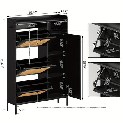 Schoenenkast – Schoenopberger – Schoenenrek – Schoenmeubel – Schoenorganizer – Smal Design Voor Hal of Slaapkamer – Drie Lagen Met Draaideurtjes en Verstelbare Planken – Vintage Kleur