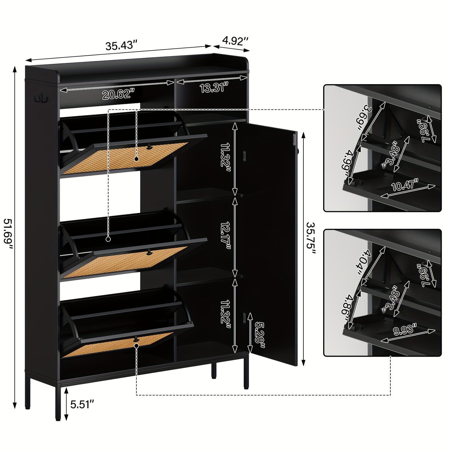 Schoenenkast – Schoenenrek – Schoenopberger – Schoenenkast – Schoenenkast Hal – Smal Design – 3 Lades Met Kantelmechanisme – Verstelbare Planken