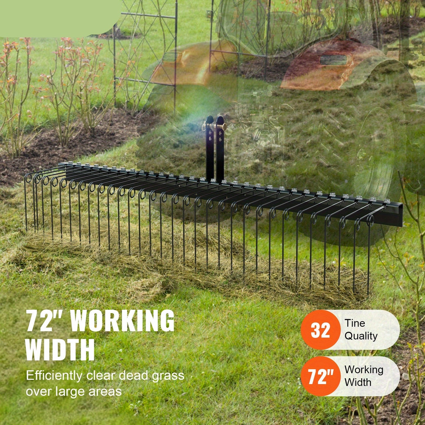 Grasmaaier Hark – Bladhark – Tuinhark – Afkrabber – Grasbeluchter – 183 cm Werkbreedte – 32 Stalen Tanden – Geschikt Voor Tractor 3-Punts Hefmechanisme