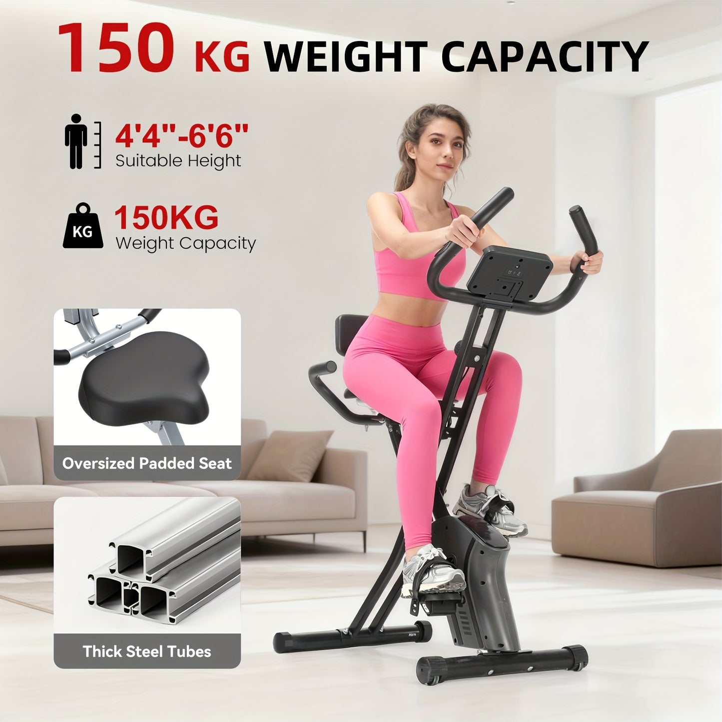 Foldable Magnetic Exercise Bike With 8-Level Adjustable Resistance Multi-Function LCD Display (Time Speed Distance Calories Heart Rate) Quick-Release Seat Adjustment Durable Comfortable PU Cushion Silent Home Fitness Bike Max