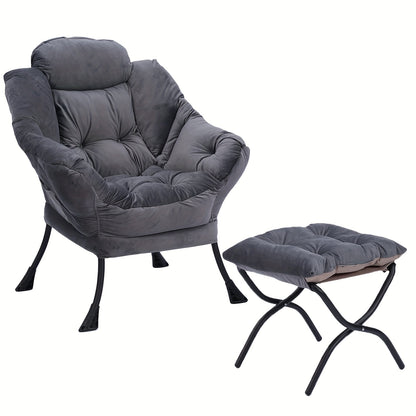 Lounge Fauteuil – Relaxstoel – Lazy Chair – Stoel Met Voetenbank – Donkergrijs – Metalen Frame – Zachte Polyester Bekleding