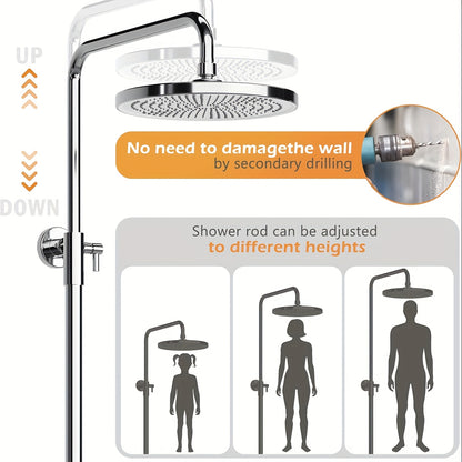 Douchekop – Handdouche – Regendouche – Handdouchekop – Douchekraan – 25 cm Diameter – Verstelbare Hoogte 98-130 cm – Ingebouwd Opbergrek