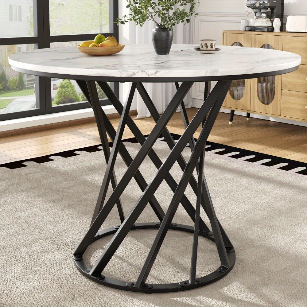 Ronde Eettafel – Ronde Tafel – Uitklapbare Tafel – Keukentafel – Koffietafel – Wit Marmerblad – Zwart Metalen Poten – Uitbreidbaar – 80×80×76 cm