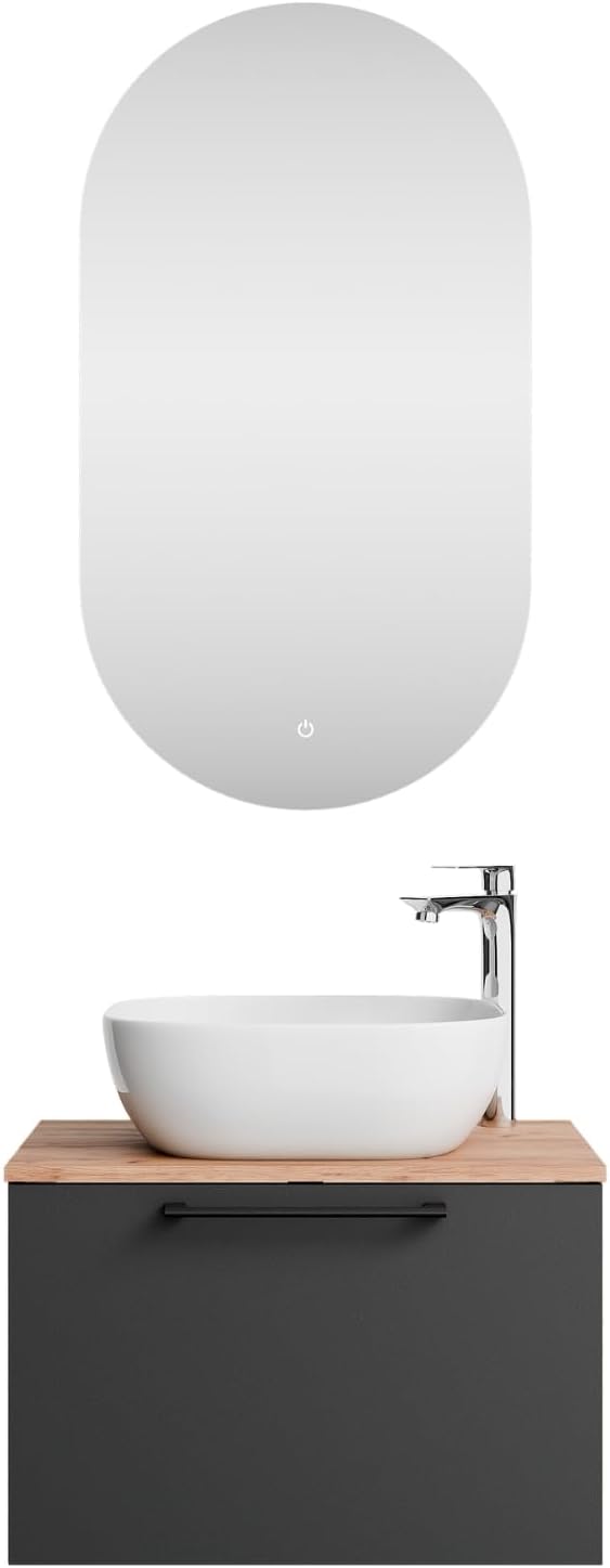 Planetmöbel Astra Bathroom Cabinet Set with Basin Cabinet 60 cm, Gold Oak Anthracite, Sink with Top Edge 42 cm White, Mirror (with LED) 50 cm - QUORE