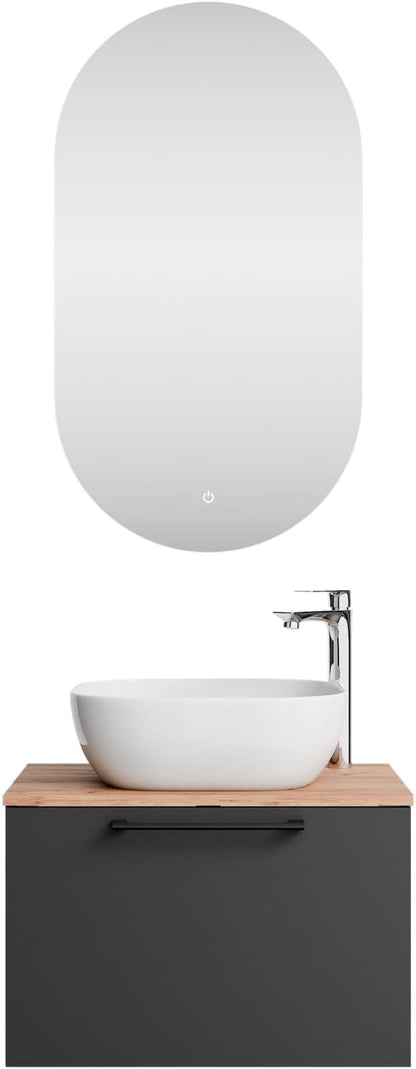 Planetmöbel Astra Bathroom Cabinet Set with Basin Cabinet 60 cm, Gold Oak Anthracite, Sink with Top Edge 42 cm White, Mirror (with LED) 50 cm - QUORE