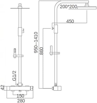 Verstelbare Douche-Rail – Douche-Stang – Regendouche – Douchekop – Handdouche – Vierkante 20 cm Douchekop – Verstelbare Lengte 87-133 cm – Messing Met Chroomafwerking