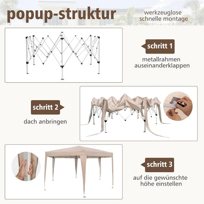 Pop-up Partytent – Vouwtent – Tuinkapscherm – Feesttent – Paviljoen – Verstelbare Hoogte – Water- en UV-bestendig Khaki 400x348 cm