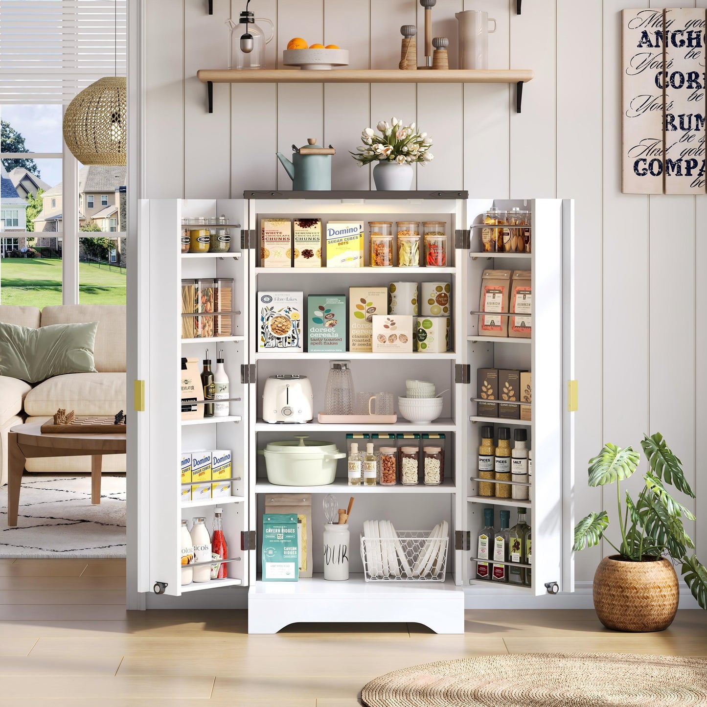 Keukenkast – Hoge Kast – Opbergkast – Voorraadkast – Keukenmeubel – Wit – Met Verstelbare Planken – MDF & Spaanplaat – 120x60,5x40 cm – Gouden Handgrepen