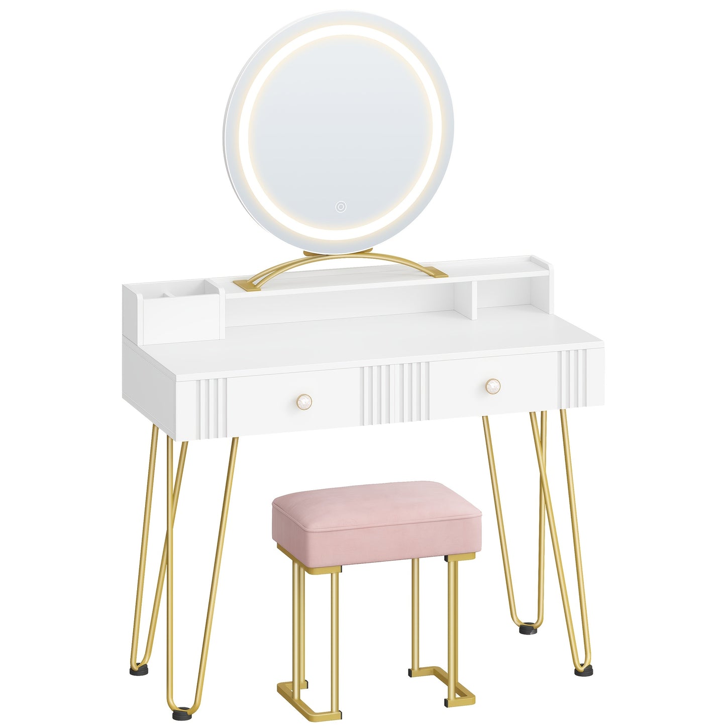 Make-up Tafel – Kaptafel – Dressoir – Make-up Bureau – Vanity – Mat Wit & Goud – LED Spiegel Met Verlichting – 40x90x140 cm – Inclusief Roze Krukje