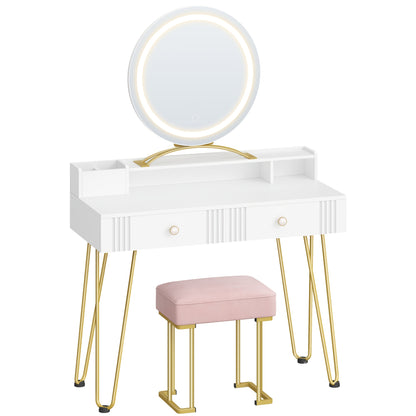 Make-up Tafel – Kaptafel – Dressoir – Make-up Bureau – Vanity – Mat Wit & Goud – LED Spiegel Met Verlichting – 40x90x140 cm – Inclusief Roze Krukje