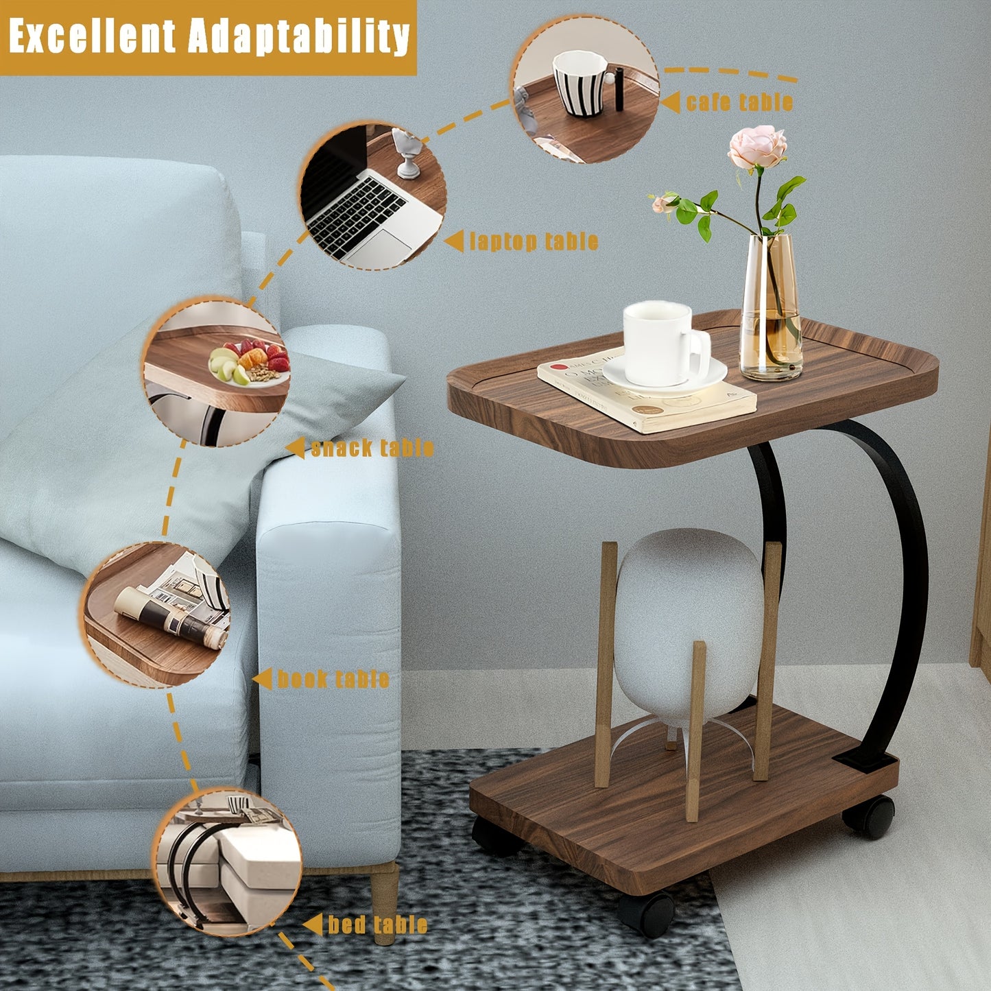 Bijzettafel – Sofa Tafel – Banktafeltje – Nachtkastje – Zijtafel – Vintage Design – Hout & Metaal – Wieltjes – Dubbel Plank – Walnoot – Geen Elektriciteit