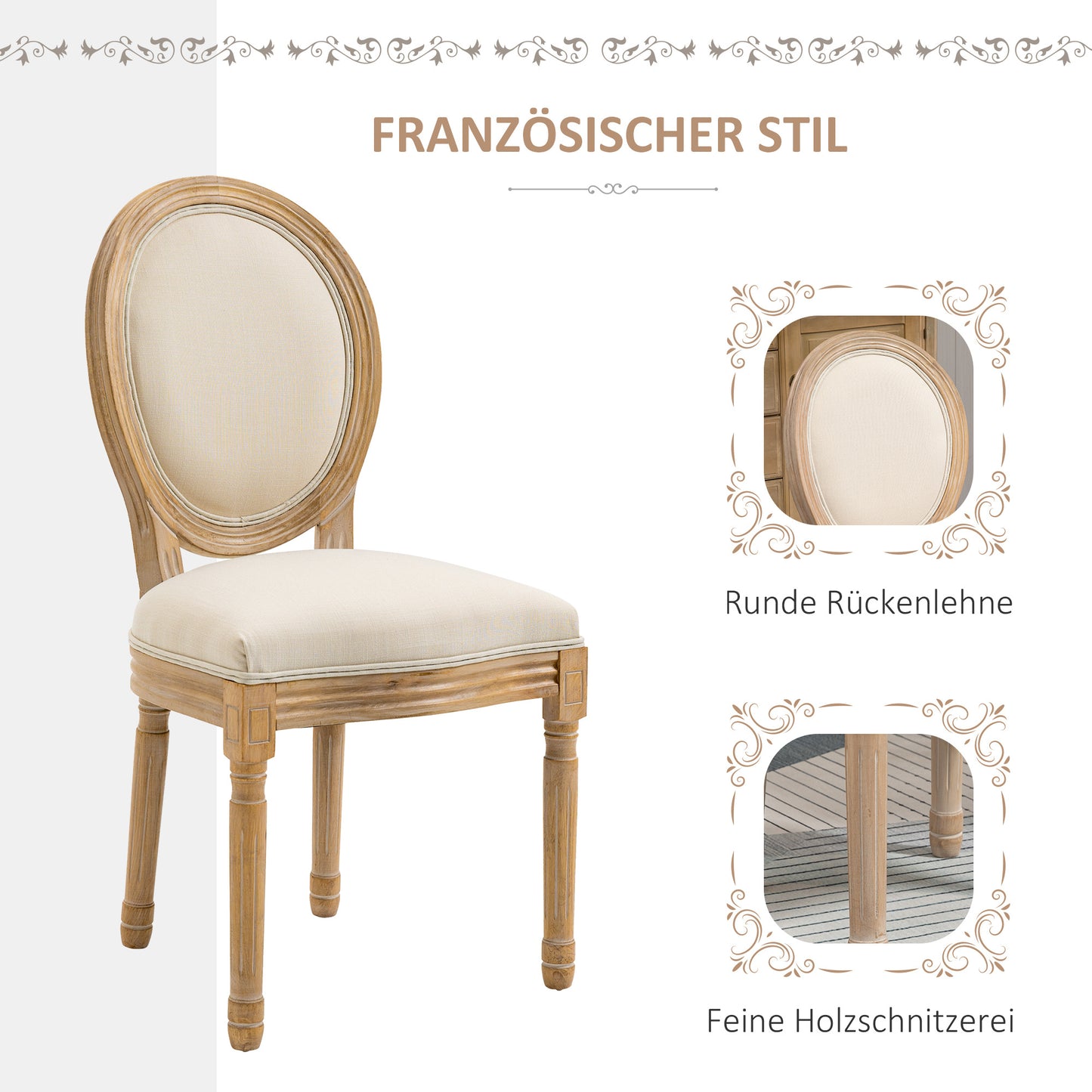 Eetkamerstoel – Keukenstoel – Stoel – Vintage Stoel – Set van 2 – Franse Stijl Met Ronde Rugleuning – Comfortabele Dikke Foam Zitting – Stevig Rubberwood Frame Met Verstelbare Anti-Slip Voetjes