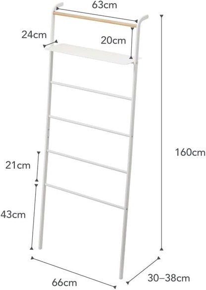Yamazaki 3871 TOWER Leaning Ladder Hanger with Shelf, white, Steel/Wood, 66 x 30~38 x 160 cm