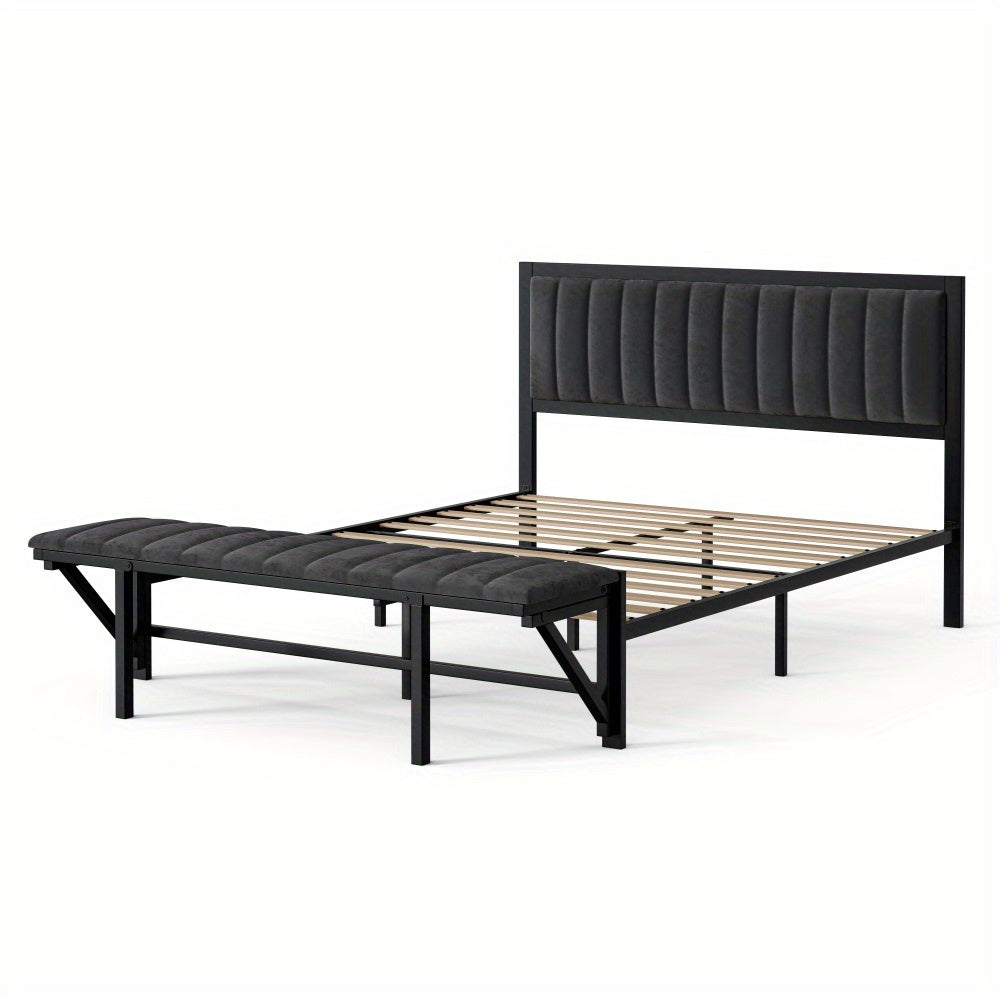 Bedframe – Tweepersoonsbed – Opbergbed – Gestoffeerd Bed – Slaapbank – Donkergrijs Fluwelen Bekleding – Inklapbare Zitbank – Hardhouten & IJzeren Frame – 140x200 cm