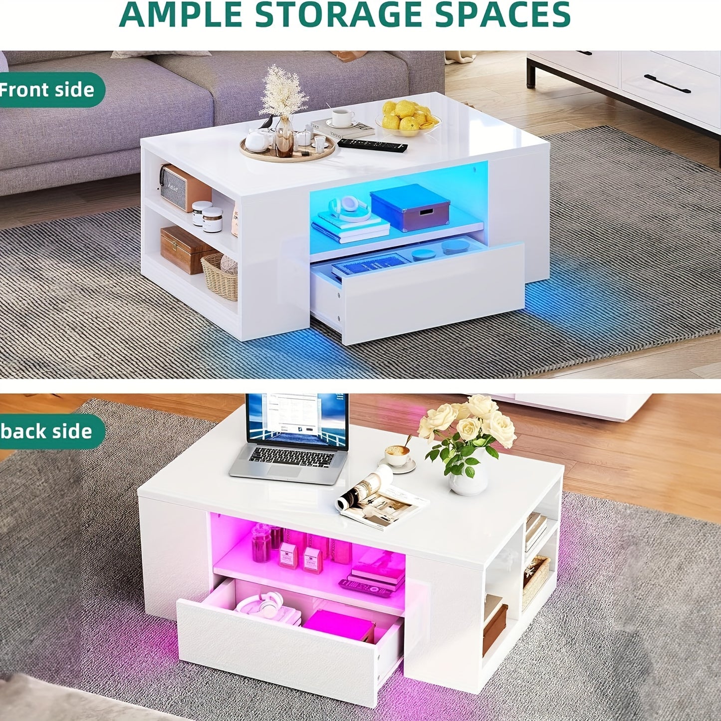High Gloss Salontafel met Opbergruimte – Wit – RGB LED-verlichting, 2 Laden & Open Plank – Rechthoekige Tafel voor Woonkamer en Kantoor