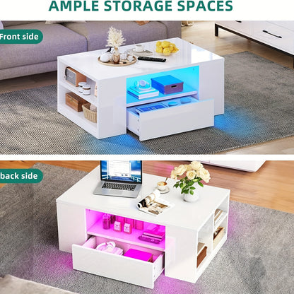 High Gloss Salontafel met Opbergruimte – Wit – RGB LED-verlichting, 2 Laden & Open Plank – Rechthoekige Tafel voor Woonkamer en Kantoor