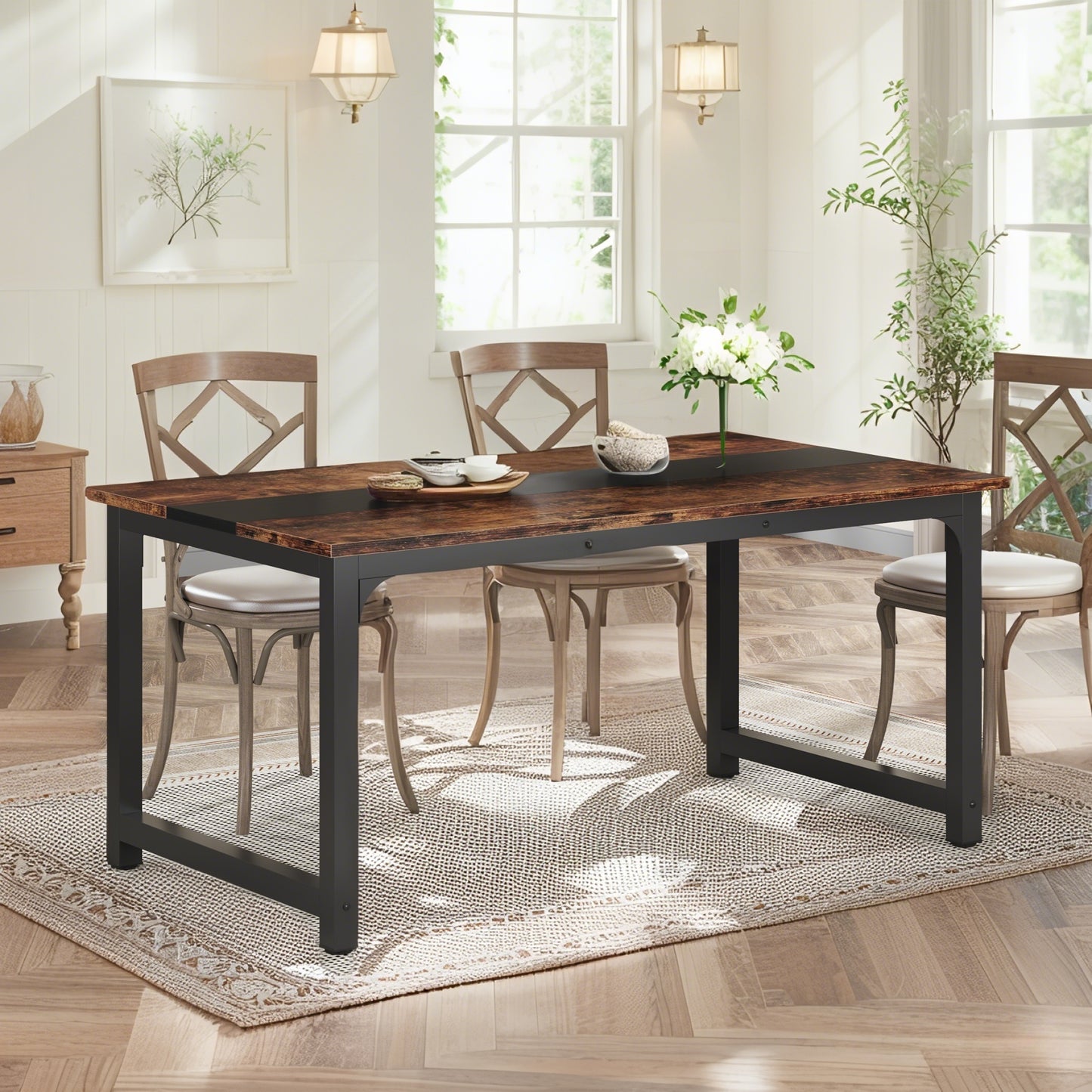 160.02cm x 80.01cm Heavy-Duty Industrial Dining Table & Desk - Rustic Brown Engineered Wood Top with Metal Legs, Large Rectangular Surface for Kitchen, Conference, Home Office - Easy ssembly, Fits 4-6 People (Table Only), Kit